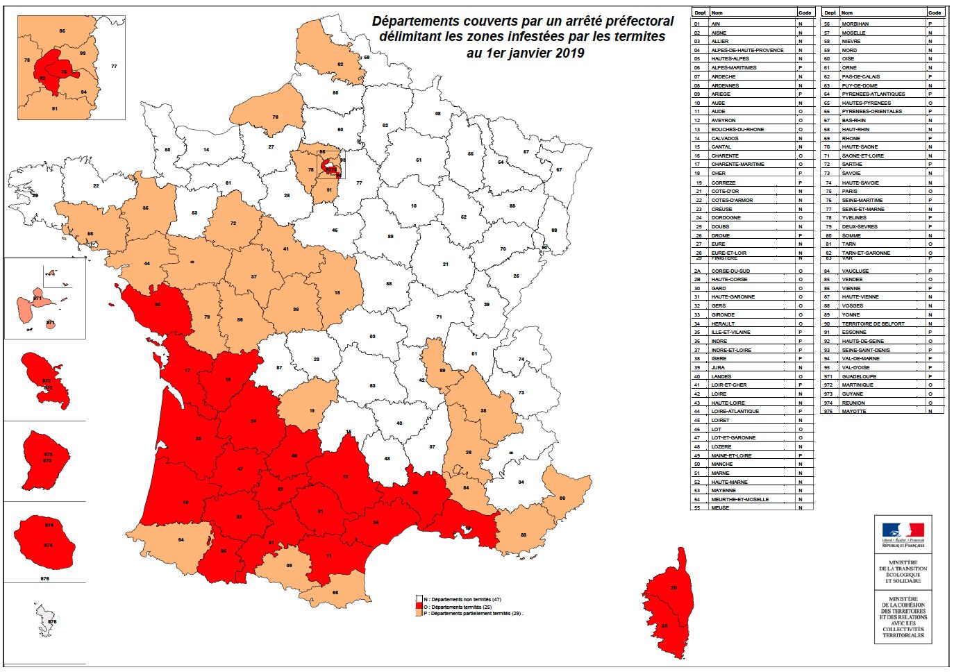 Carte des départements français infestés par les termites au 1er janvier 2019.