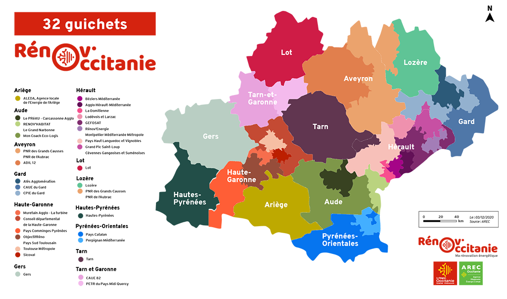 Carte des 32 guichets pour la rénovation énergétique en Occitanie, incluant le Tarn.