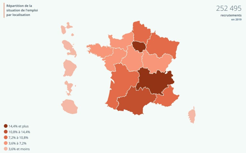 Carte de la répartition de l'emploi en 2019 en Occitanie et Tarn.