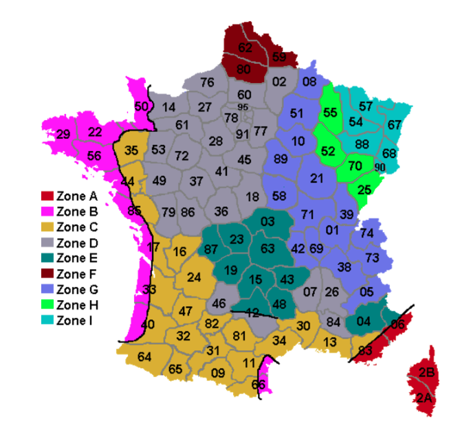 Carte des zones de France, incluant des régions comme Toulouse et Montauban.