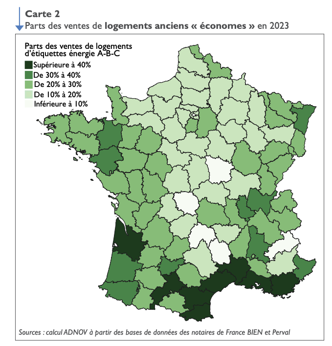 Carte des régions françaises selon les taux de rénovation énergétique en 2023.